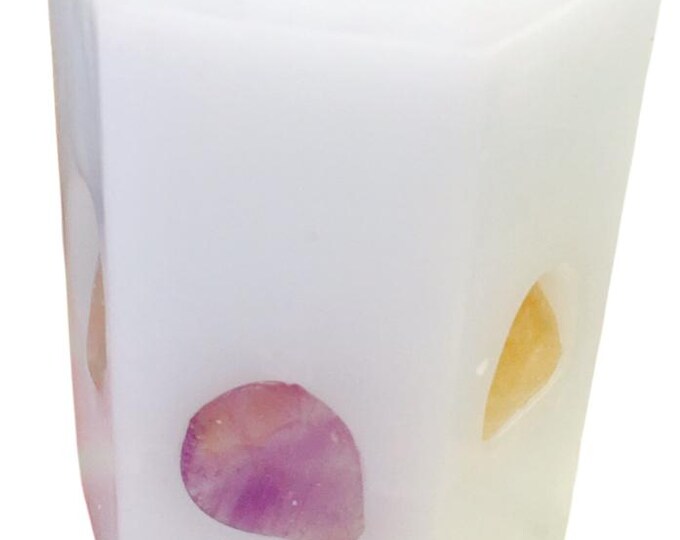 Unique Handcrafted Small White Hexagon Candle inlaid with Crystals and Gemstones that Illuminate when lit! Burns for 100+ hours, 1lb