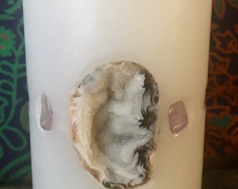 Handcrafted Small Round Candle inlaid with Crystals, Gemstones & a Small Geode that illuminate when lit! 1 lb Burns for 120 hours