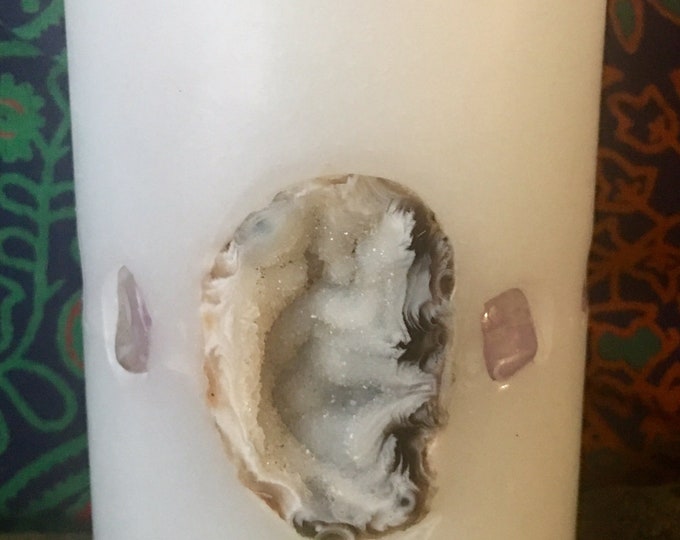 Handcrafted Small Round Candle inlaid with Crystals, Gemstones & a Small Geode that illuminate when lit! 1 lb Burns for 120 hours