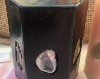 Crystal Candle ~ Small Hexagon Scented Candle inlaid with Crystals and Gemstones that illuminate when lit! In Red, Black, Blue, Green,Purple