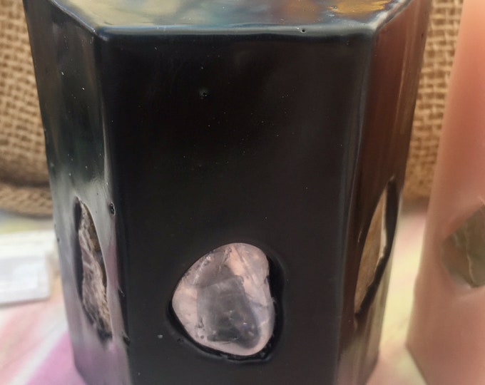 Crystal Candle ~ Small Hexagon Scented Candle inlaid with Crystals and Gemstones that illuminate when lit! In Red, Black, Blue, Green,Purple