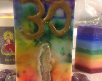 Crystal Chakra Candle ~Tall Sq. Om / Angel Aura Tie Dye inlaid w/ Crystals & Gemstones that represent each Chakra point and glow when lit!
