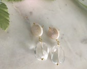 Coin Freshwater Pearl Clear Crystal Quartz 24K Gold Filled Sterling Silver Post Stud Earrings, Minimalist Jewelry, April June Birthstone