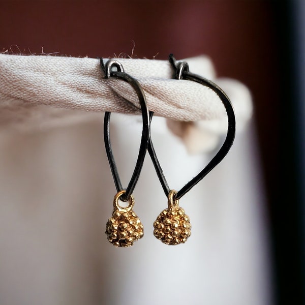 Tiny Silver Dangle Small Earrings, Oxidized Sterling Silver Earrings, Caviar 24 K Gold Beads Earrings, Bali Black Silver, Lotus Petal Hoops