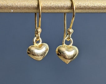Gold Filled Puff Heart Dangle Earrings, Jewelry Gift, Gold Heart Charm Earrings, Teeny Tiny Gold Filled Heart Earrings, Valentine's Day Gift