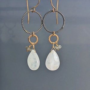 Long Dangly Rainbow Moonstone Oxidized Sterling Silver Earrings, 24 K Gold Filled Moonstone Teardrop Labradorite Earrings, June Birthstone