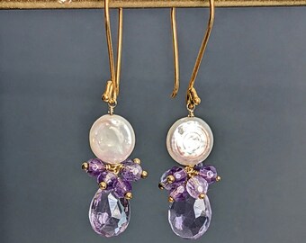 Lavender Amethyst and Coin Pearl Cluster Earrings, 24 K Gold Filled Earrings, Faceted Teardrop Purple Earrings, February & June Birthstone