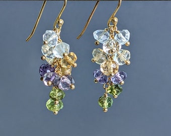 Powder Color Gold Filled Earrings, Modern Amethyst, Peridot, Aquamarine and Citrine Cluster Earrings