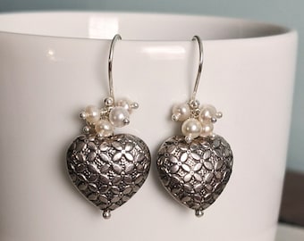Handmade Sterling Silver Heart Earrings with Pearls, Delicate Design