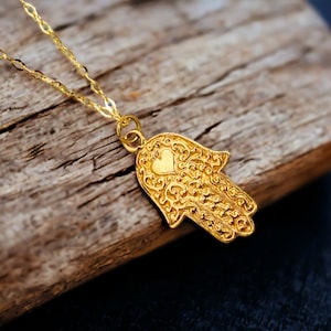 Bali Gold Hamsa Hand Necklace, 24 K Gold Filled, Small Zen Yoga Jewelry, Protection, Faith Symbol, Jewelry Gift Charm, Hand Charm Necklace