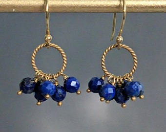 Boucles d'oreilles en grappe de lapis-lazuli, or 24 carats, pierres précieuses en cobalt et lapis, pierre de naissance en septembre
