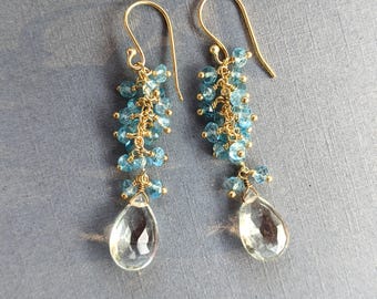 Green Amethyst Blue Topaz Teardrop Earrings, Gold Filled Dangle Cluster