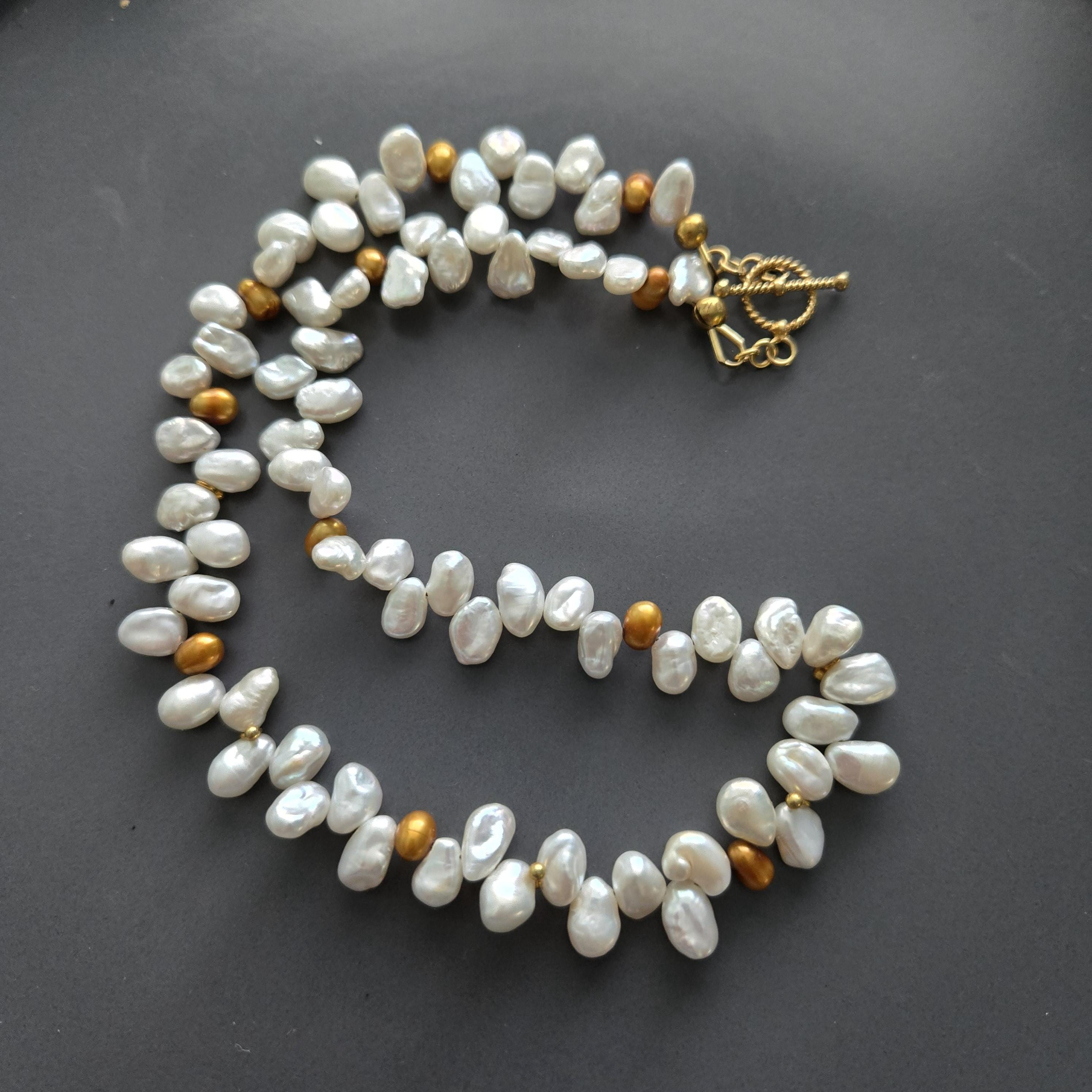 White Keshi Pearl Necklace, 24K Gold Filled, Victorian Bridal