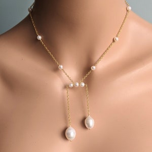 White Broque Pearl on Gold Filled Chain Dangle Neckace, Modern Bridal Jewelry, Beach Wedding Necklace, June Birthstone, Gift for Mother