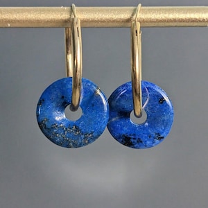 Sodalite Lapis Lazuli Earrings, Cobalt Lapis Pyrite 24 K Gold Filled Earrings, Hoop Earrings Gemstone Donut Beads, September Birthstone