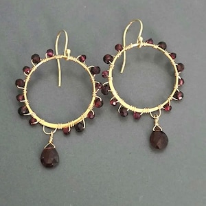 Garnet Teardrop 24 K Gold Filled Wire Hoop Earrings, january Birthstone, Gold Boho Handmade Jewelry, Gift for Mother, Wife, Sister