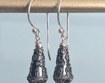 Bali Oxidized Sterling Silver Filigree Earrings, Ornate Drop Earrings, Wire Wrapped Earrings Silver, Silver Teardrop, Gift for Mother, Wife