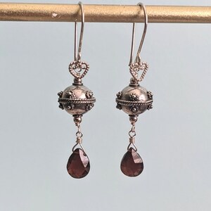 Faceted Garnet and Bali Sterling Silver Long Earrings, Dangle Earrings, January Birthstone, Gift for Mother, Wife, Sister