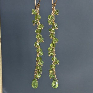 Peridot Cluster Long Earrings, 24 K Gold Filled Earrings, August Birthstone, Lime Green Periot Earrings, Dangler Cluster Earrings