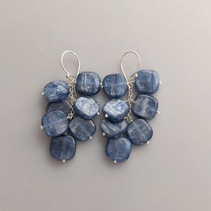 Indigo Kyanite Sterling Silver Earrings, Long Gemstone Dangles Earrings, Squares of Kyanite Earrings