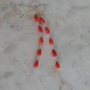 Red Coral Drop Linked Slim Long Earrings, Saffron Red Bamboo Coral Droplet, Gold Filled Teardrope Earrings, Gift for Mother, Wife, Sister