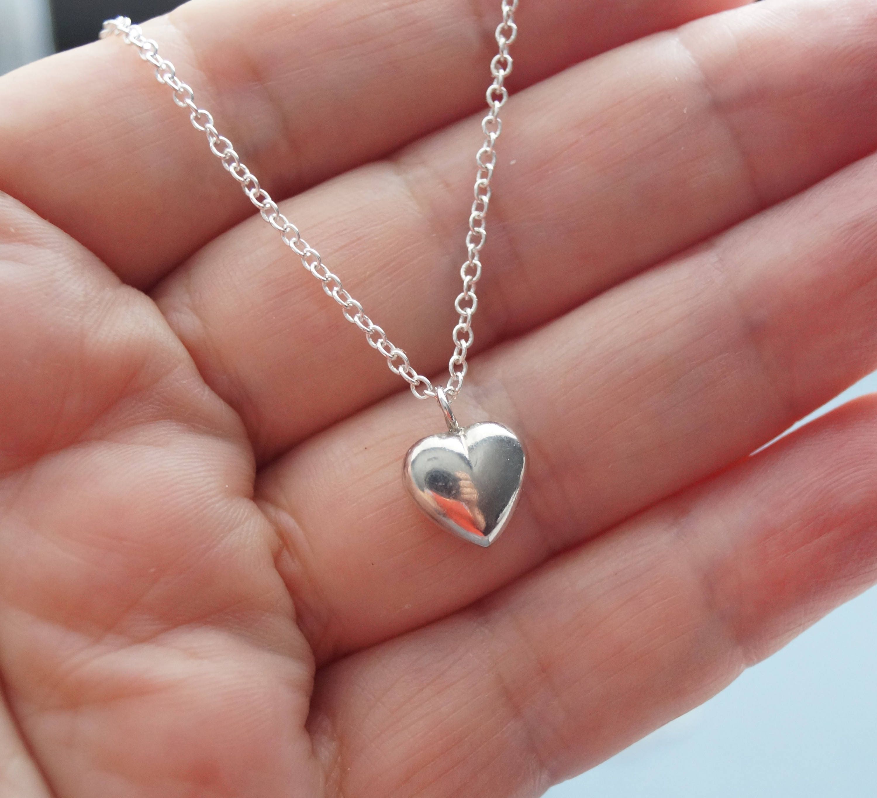 Silver Puff Heart Necklace, Sterling Heart Charm Necklace, Teeny