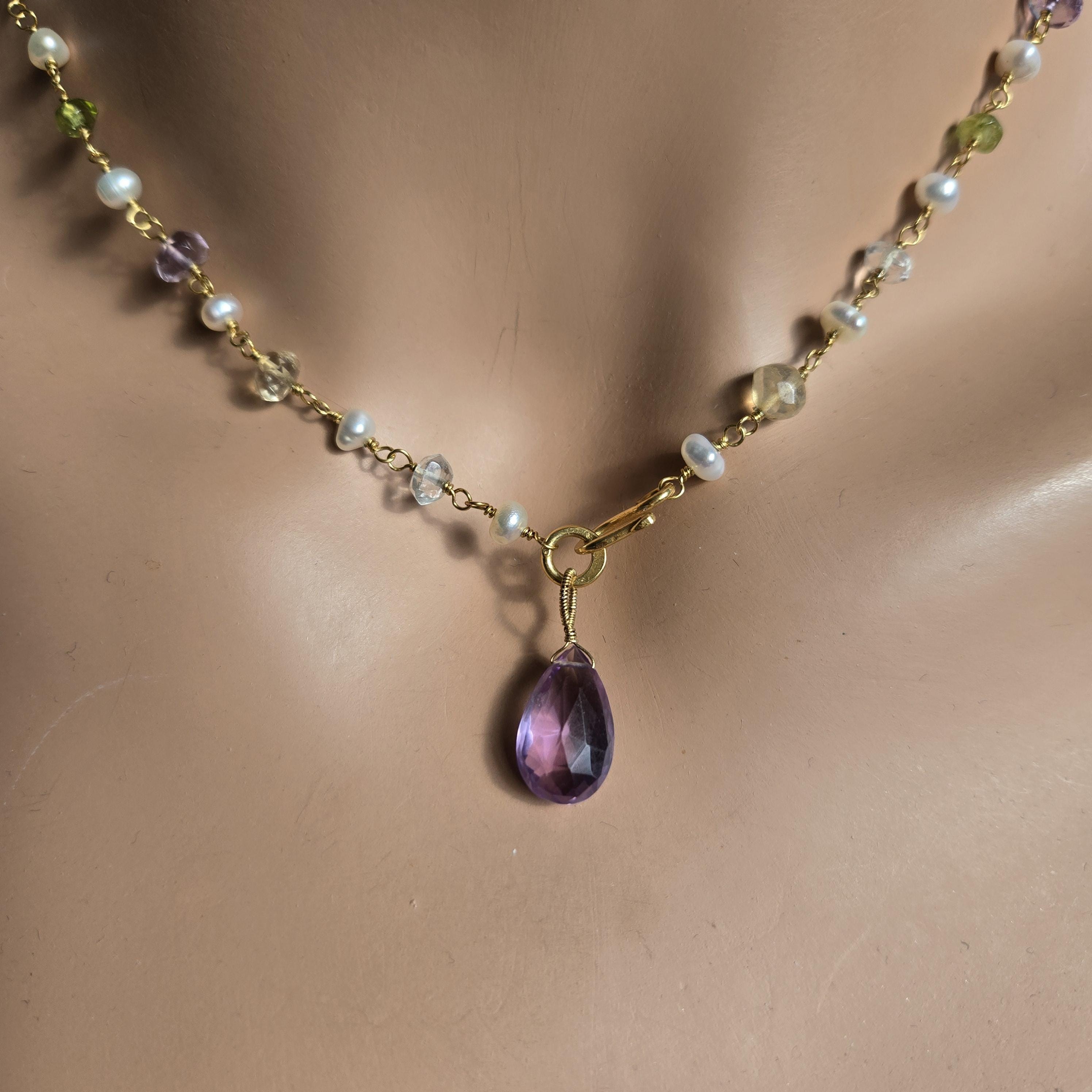 Front Clasp Mix Gemstone and Keshi Pearl Necklace 24 K Gold