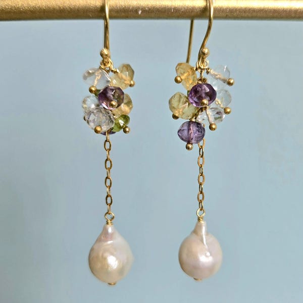 Orecchini pendenti con perle barocche, citrino, ametista, placcati in oro 24 carati, pietra portafortuna di febbraio, marzo, giugno, agosto, regalo per mamma, moglie, sorella
