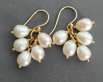 Baroque Pearl Cluster Earrings, Gold Filled, Dangle Earrings