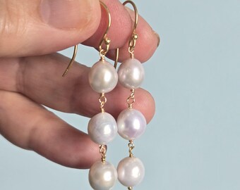 Pearl Long Earrings, June Birthstone, White Freshwater Pearl Earrings in Gold, Wire Wrapped Oval Boho Earrings, Gift for Wife, Sister