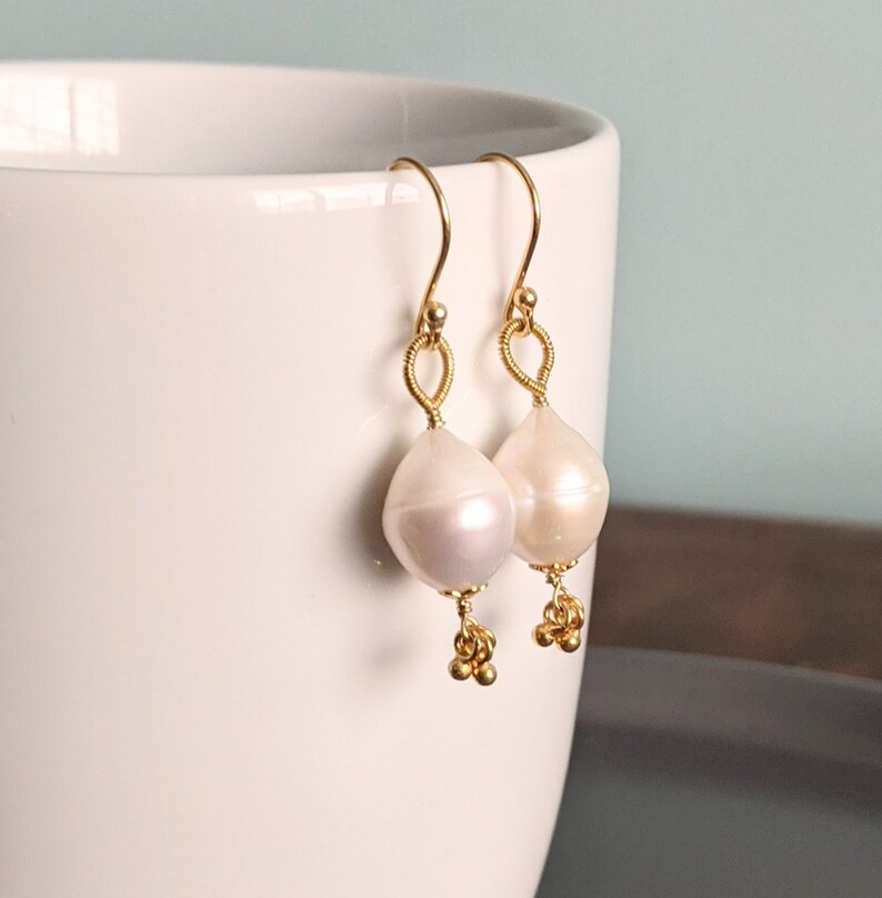 June Birthstone Vermeil Dangle Earrings Wedding Earrings Modern Bridal Jewelry Baroque Pearl 24K Gold Filled Sterling Silver Wire
