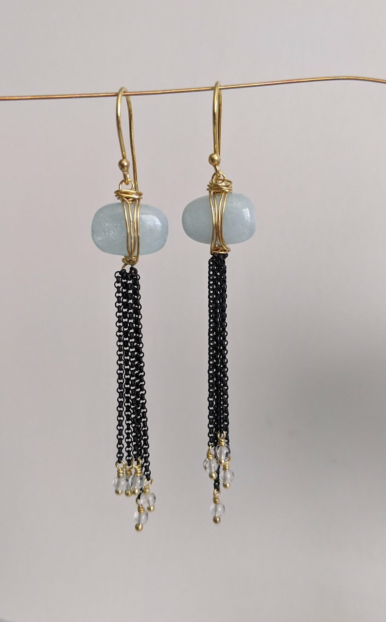 Gold Filled Wire Vermeil Earring Gemstone Earrings Aquamarine and Mixed Metal Long Chain Earrings March Birthstone Modern Bridal Jewelry