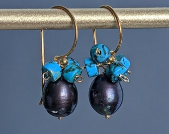 Boucles d’oreilles Peacock Freshwater Pearl et Turquoise 24 K Gold Vermeil, Boucles d’oreilles Peacock Pearl, Boucles d’oreilles de mariage, Bijoux de mariée, Pierre de naissance de juin