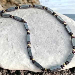Garnet and Hematite Mens Necklace, Unisex Necklace, Gift for Men, Mens Gemstone Necklace, Mens Choker, Genuine Garnet Hematite Necklace