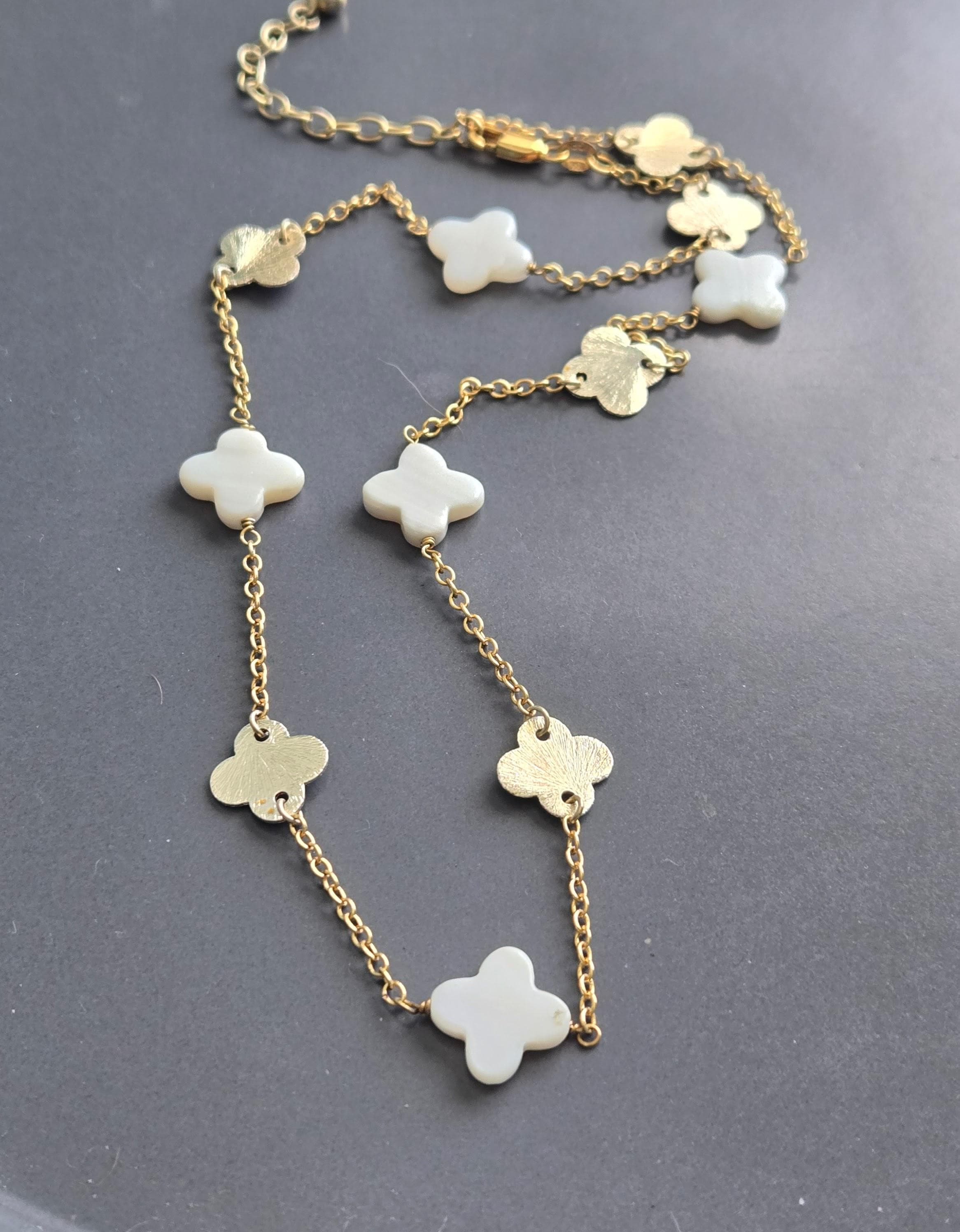 Four Leaf Mother of Pearl and Gold Clover Gold Filled Chain Choker