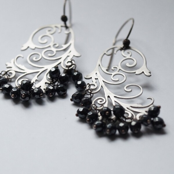 Sterling Silver Vintage Filigree Black Faceted Onyx Dangle Chandelier Earrings, Lace Earrings, January Birthstone
