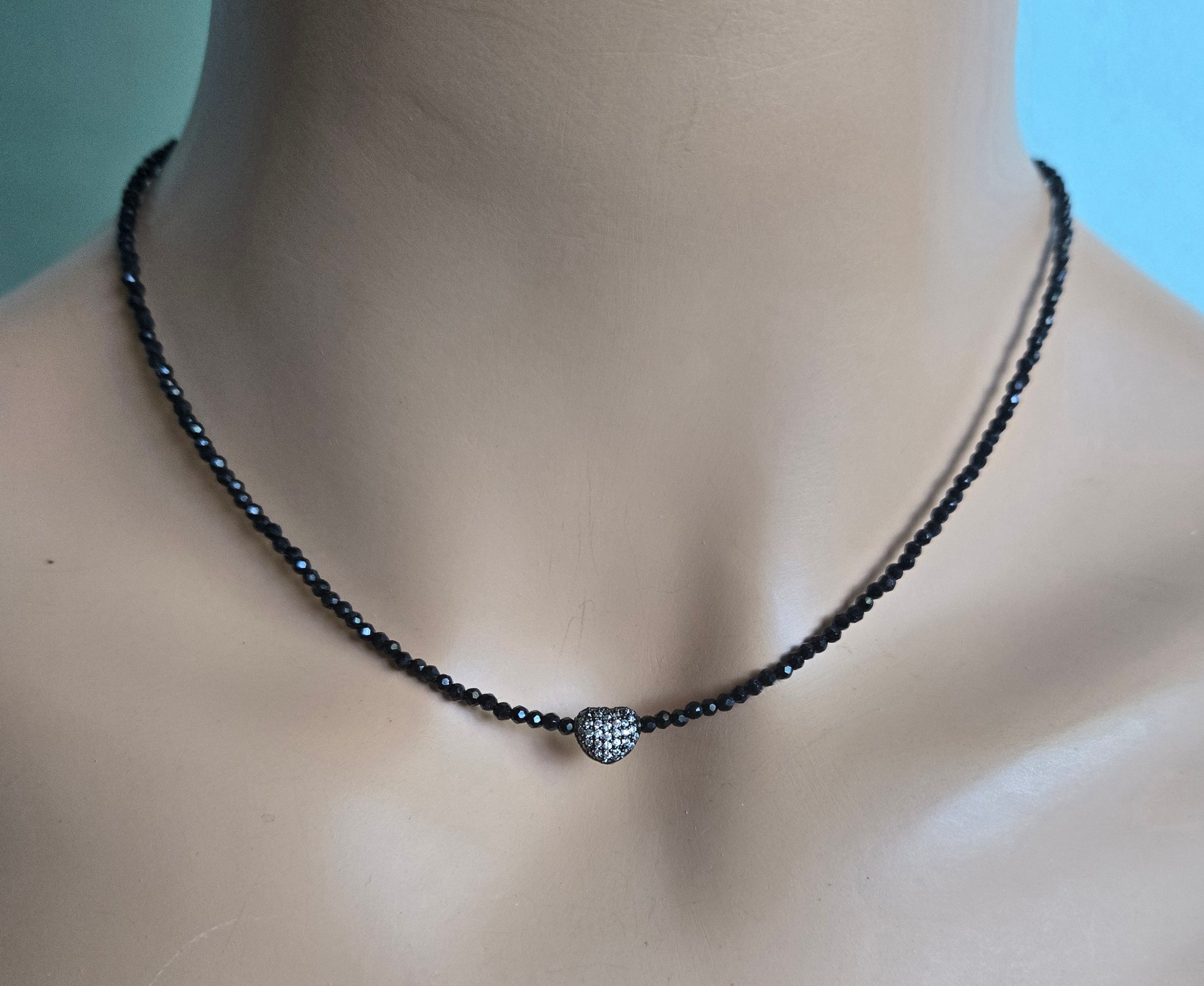 Black Onyx and Petite CZ Silver Heart Necklace, Faceted Onyx