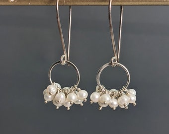 Boucles d’oreilles en argent sterling à crochet en perles d’eau douce blanches, pierre de naissance de juin, boucles d’oreilles en perles blanches, boucles d’oreilles de mariage, bijoux de mariée