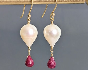 Large Freshwater Pearl and Ruby Drop Earrings, 24K Gold Filled, Wedding Jewelry, June and July Birthstone, Gift for Mother, Wife, Sister