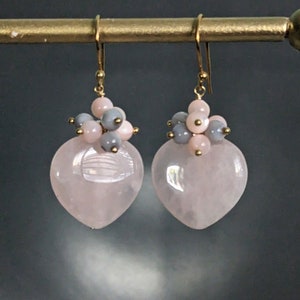 Rose Quartz and Mother of Pearl Heart Dangle 24 K Gold Filled Earrings, Jewelry Gift, Teeny Pinck Quartz Mother of Pearl Heart Earrings