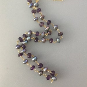 Peacock Freshwater Pearl Amethyst Beaded 24 K Gold Filled Necklace, February & June Birthstone, Lavender Purple Gemstones, Jewelry Gift