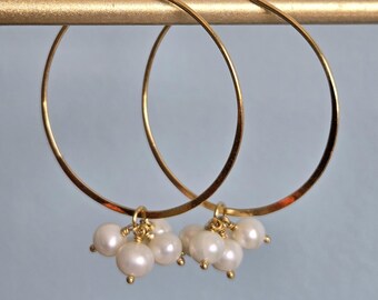 24K Gold Filled Pearl Hoop Earrings, Minimalist Bridal Jewelry, June Birthstone, Gift fot Mother, Wife, Sister