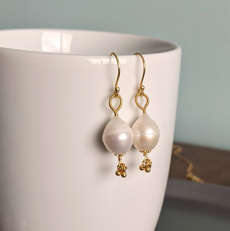 June Birthstone Vermeil Dangle Earrings Wedding Earrings Modern Bridal Jewelry Baroque Pearl 24K Gold Filled Sterling Silver Wire