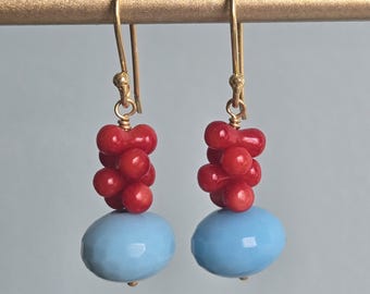 Modern Coral Drop Earrings, Coral Jewelry, Gift for Her, 24 K Gold Filled Ear Wires, Blue Quartz Dangle Earrings, Gift for Mother, Wife