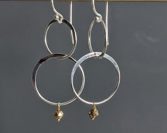 Infinity Connected Circles, Long Chain Graduated Hoop Rings and Gold Tyrite Earrings, Long Sterling Silver Earrings, Minimalist Jewelry