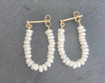 Freshwater Pearl Hoop Earrings, 24K Gold Filled Sterling Silver Posts, June Birthstine, Gift for Mother, Wife, Sister, Wedding Jewelry