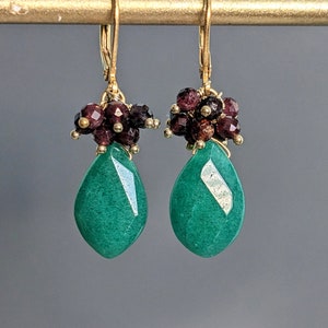 Faceted Garnet and Green Chalcedony Cluster 24 K Gold Filled Earrings, Boho, Gemstone Earrings, Bridesmaid, Bohemian, January Birthstone