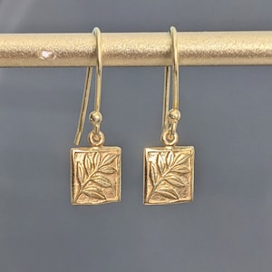 Small Botanical Branch and Rectangle Drop Earrings, Bali Gold Filled Leaves Earrings, Gift for Mother, Wife, and Sister