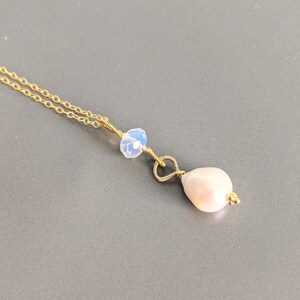 White Baroque Freshwater Pearl Teardrop and Faceted Opalite Pendant 24 K Gold Filled Wire Chain Necklace, Bridesmaid Gift, June Birthstone