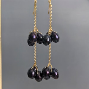 Black Peacock Baroque Freshwater Pearl Long Earrings 24 K Gold Filled Earrings, June Birthstone, Wedding Earrings